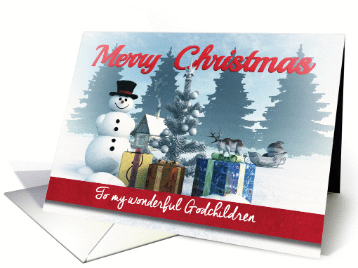 Christmas Snowman with Presents and Tree for Godchildren card