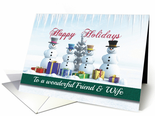 Happy Holidays Presents Snowmen and Tree for Friend & Wife card