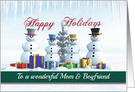 Happy Holidays Presents Snowmen and Tree for Mom & Boyfriend card