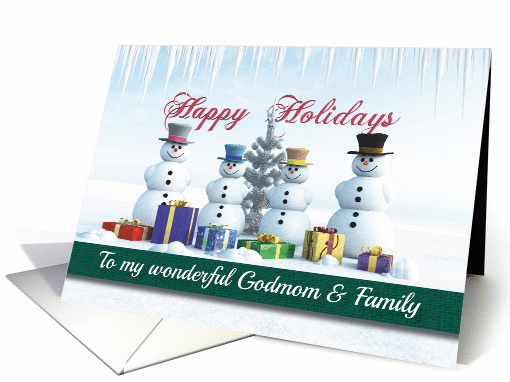 Happy Holidays Presents Snowmen and Tree for Godmom & Family card