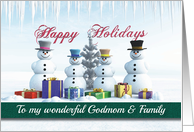 Happy Holidays Presents Snowmen and Tree for Godmom & Family card