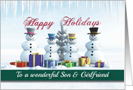 Happy Holidays Presents Snowmen and Tree for Son & Girlfriend card