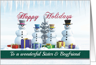 Happy Holidays Presents Snowmen and Tree for Sister & Boyfriend card