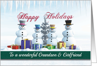 Happy Holidays Presents Snowmen and Tree for Grandson & Girlfriend card