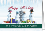 Happy Holidays Presents Snowmen and Tree for Son & Fiancee card