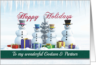 Happy Holidays Presents Snowmen and Tree for Godson & Partner card
