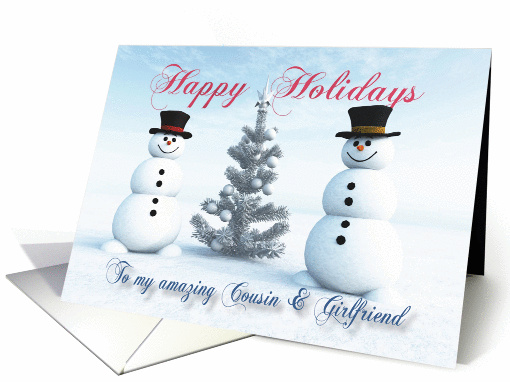 Snowmen Christmas trees and Snowflakes for Cousin & Girlfriend card