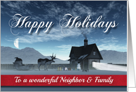 For Neighbor & Family Christmas Scene with Reindeer Sledge and Cottage card