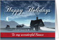 For Fiance Christmas Scene with Reindeer Sledge and Cottage card