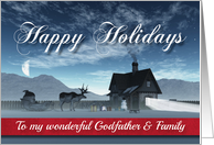 For Godfather & Family Christmas Scene Reindeer Sledge and Cottage card