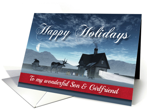 For Son & Girlfriend Christmas Scene Reindeer Sledge and Cottage card
