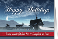Step Son & Daughter-in-Law Christmas Scene Reindeer Sledge and Cottage card