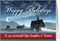 Step Daughter & Partner Christmas Scene Reindeer Sledge and Cottage card