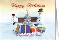 Cats Gifts Christmas tree and Snowman scene for Sister card