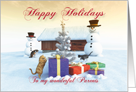 Cats Gifts Christmas tree and Snowman scene for Parents card