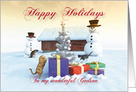 Cats Gifts Christmas tree and Snowman scene for Godson card