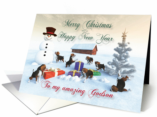 Beagle Puppies Christmas New Year Snowscene for Godson card (1313038)