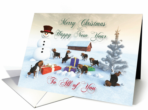 Beagle Puppies Christmas New Year Snowscene for All of You card