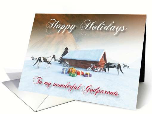 Painted Horse and Motorcycles Holidays Snowscene for Godparents card