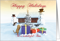 Cats Gifts Christmas tree and Snowman scene for Boss card
