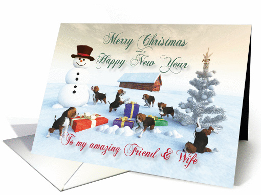 Beagle Puppies Christmas New Year Snowscene for Friend & Wife card