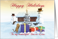 Cats Gifts Christmas tree and Snowman scene for Son-in-Law card