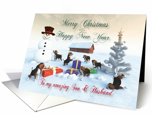 Beagle Puppies Christmas New Year Snowscene for Son & Husband card