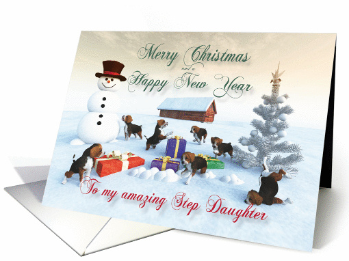 Beagle Puppies Christmas New Year Snowscene for Step Daughter card