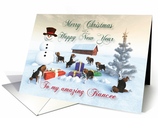 Beagle Puppies Christmas New Year Snowscene for Fiancee card (1317782)