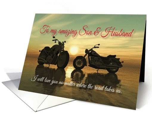 Motorcycles with sunset at sea Valentine for Son & Husband card