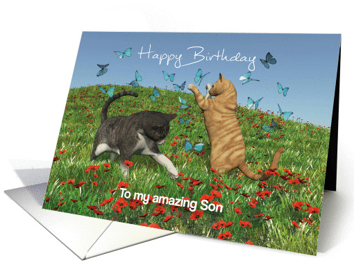 Cats playing with butterflies for Son Birthday card (1327894)