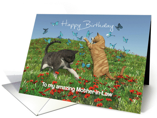 Cats playing with butterflies for Mother-in-Law Birthday card