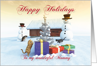 Cats Gifts Christmas tree and Snowman scene Mommy card