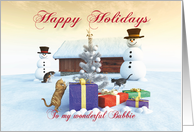 Cats Gifts Christmas tree and Snowman scene Bubbie card