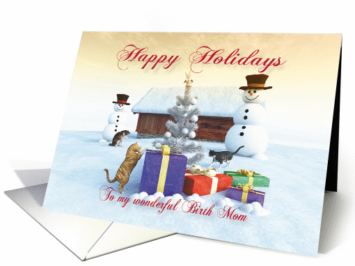 Cats Gifts Christmas tree and Snowman scene Birth Mom card (1331428)