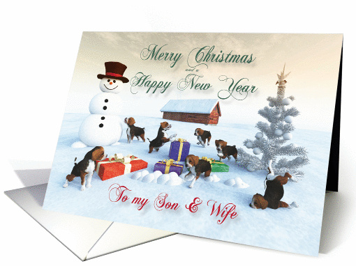 Beagle Puppies Christmas New Year Snowscene for Son & Wife card