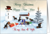 Beagle Puppies Christmas New Year Snowscene for Son & Wife card