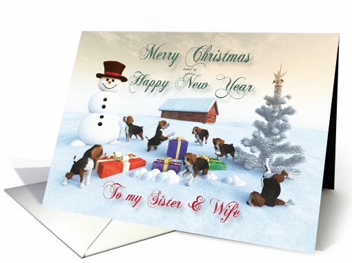 Beagle Puppies Christmas New Year Snowscene for Sister & Wife card