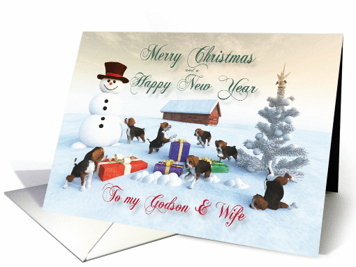 Beagle Puppies Christmas New Year Snowscene for Godson & Wife card