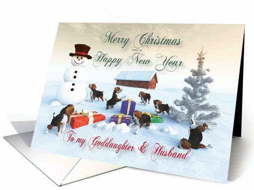 Beagle Puppies Christmas New Year Snowscene Goddaughter & Husband card