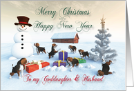 Beagle Puppies Christmas New Year Snowscene Goddaughter & Husband card