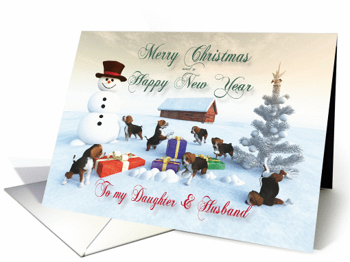 Beagle Puppies Christmas New Year Snowscene Daughter & Husband card