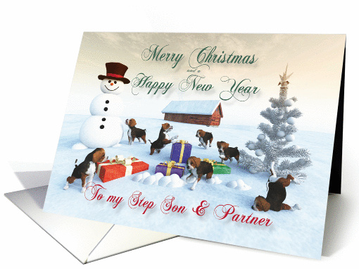 Beagle Puppies Christmas New Year Snowscene Step Son & Partner card