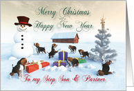 Beagle Puppies Christmas New Year Snowscene Step Son & Partner card