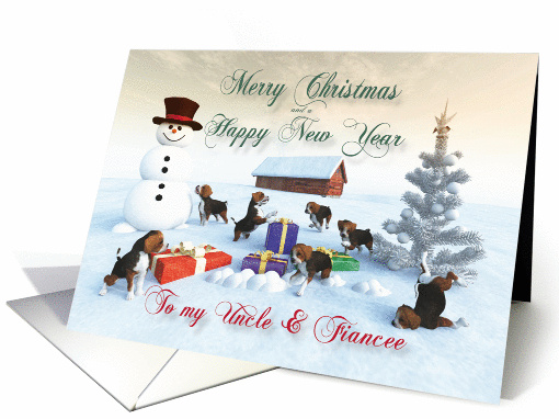 Beagle Puppies Christmas New Year Snowscene Uncle & Fiancee card