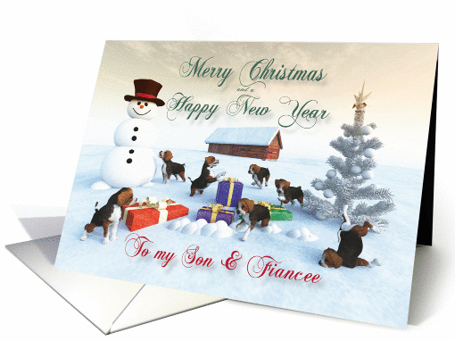 Beagle Puppies Christmas New Year Snowscene Son & Fiancee card