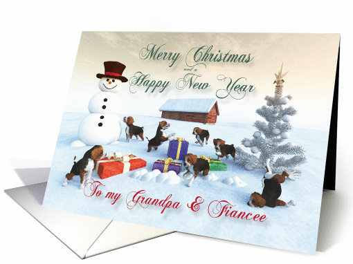 Beagle Puppies Christmas New Year Snowscene Grandpa & Fiancee card