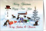 Beagle Puppies Christmas New Year Snowscene Godson & Fiancee card