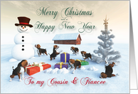 Beagle Puppies Christmas New Year Snowscene Cousin & Fiancee card