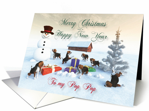 Beagle Puppies Christmas New Year Snowscene Pop Pop card (1333202)